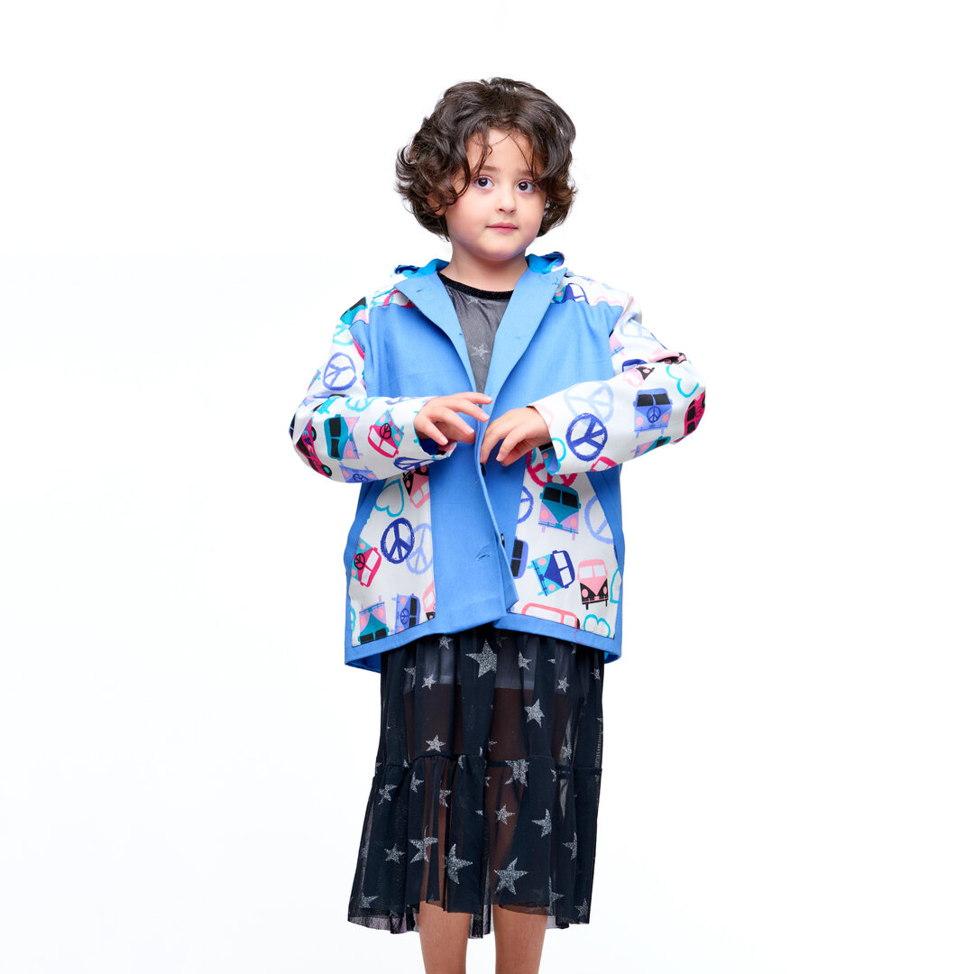 PASTEL BLUE  COAT /JACKET WITH COLORFULL LONG SLEEVES AND HAPPINESS SYMBOLS PRINT